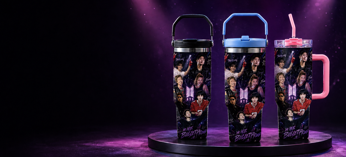 Colección de termos BTS en colores negro, azul y rosa
