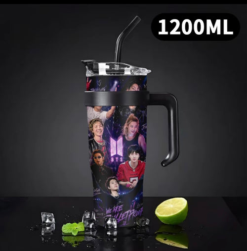 Termo BTS 1200 ml negro con asa lateral y popote