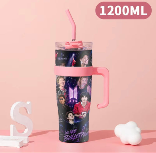 Termo BTS 1200 ml rosa con asa lateral y popote