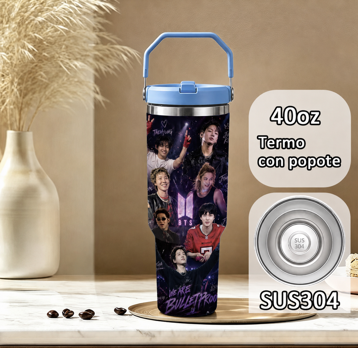 Termo BTS 40 oz azul con popote