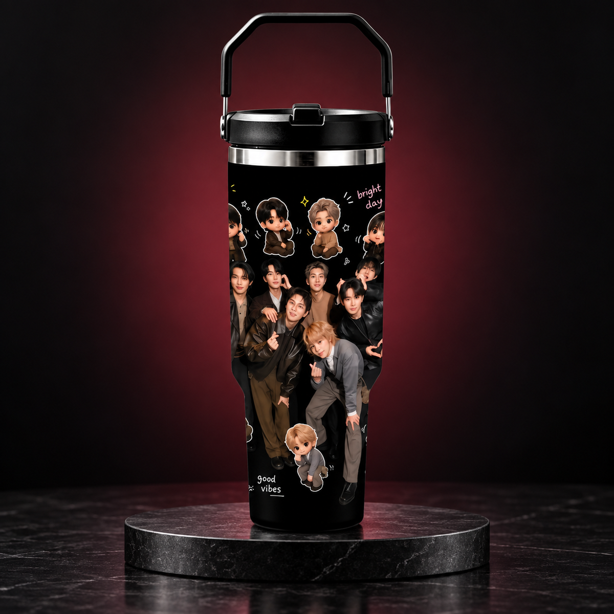Termo BTS 40 oz negro nuevo diseño con asa y popote