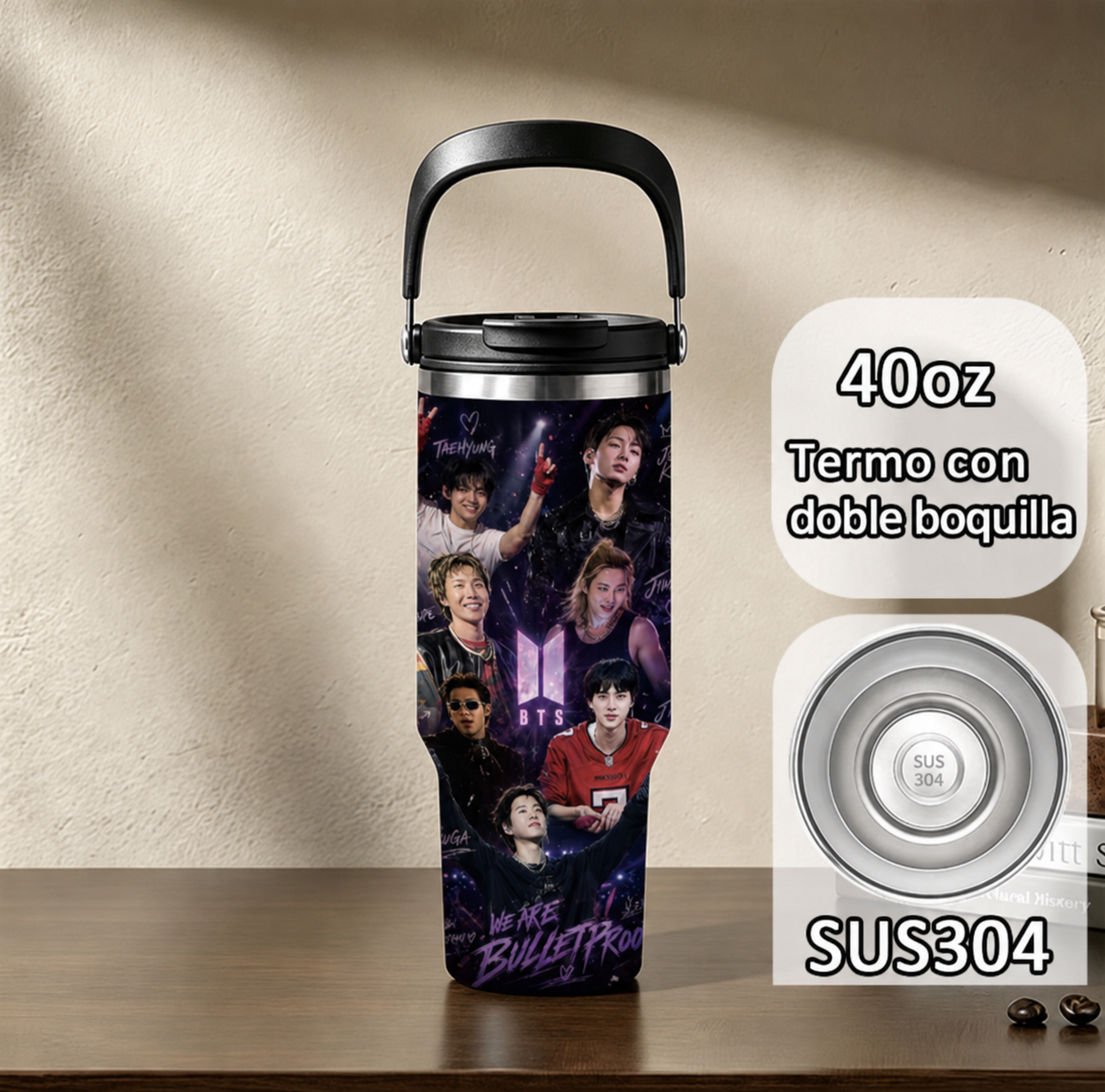 Termo BTS 40 oz negro con doble boquilla
