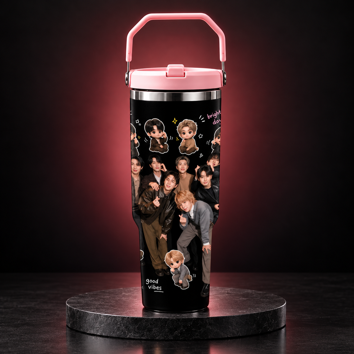 Termo BTS 40 oz rosa nuevo diseño con asa y popote