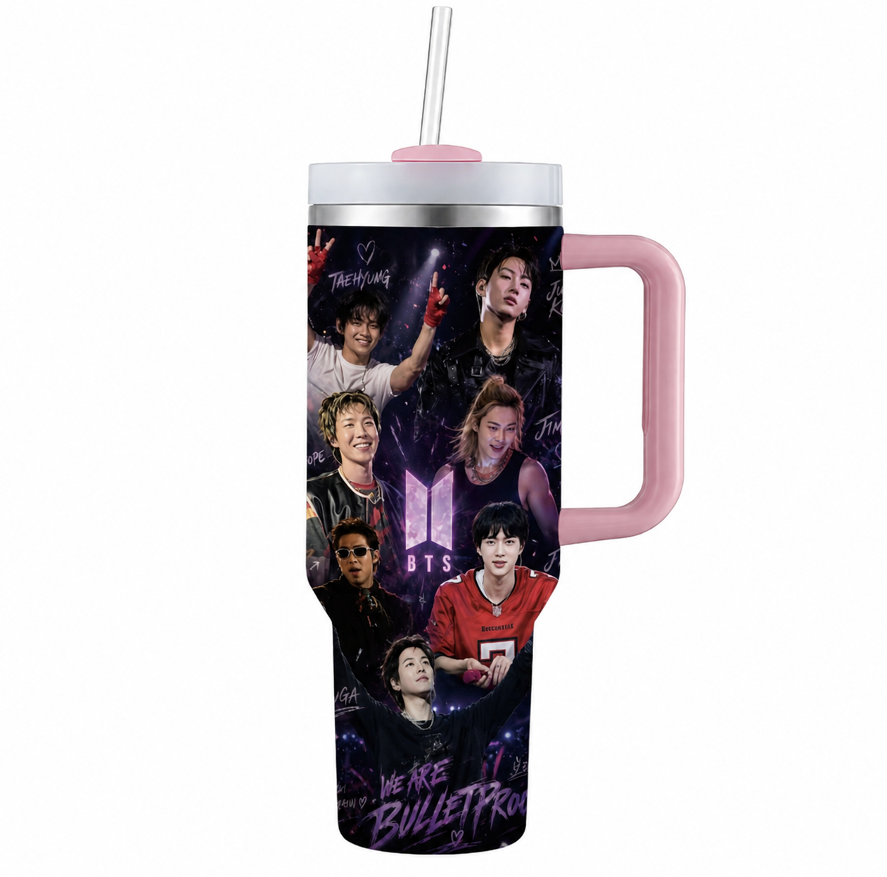 Termo BTS 40 oz rosa con asa y popote